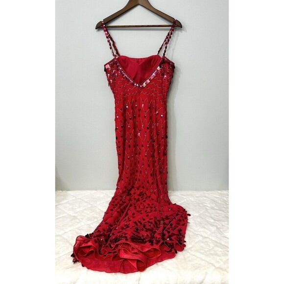 Precious Formals Sequined Dress Bright Red Sz 6 Sleeveless Low Back Maxi Prom - Picture 2 of 7